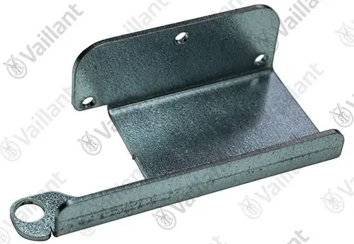 Vaillant Halter aus Metall mit einer rechteckigen Basis und einer seitlichen Befestigungslasche. Zum Einsatz als Türangel oder zur Befestigung an passenden Geräten.